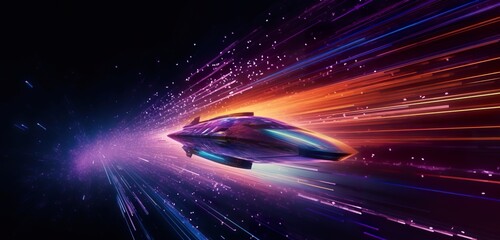 Explore the dark depths of space with this AI-generated, painterly wallpaper of a spaceship flying through the abyss. Dark magenta and light amber, light cyan and orange colors create a unique