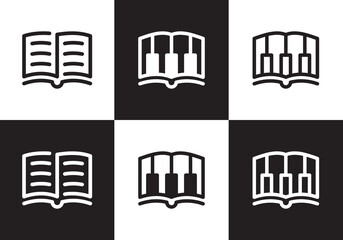 piano and book logo design. music learning linear style symbol vector illustration.
