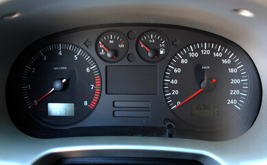Old car speedometer. Speed indicator background. Parked car zero speed texture. Dashboard of...