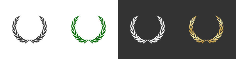 Laurel wreath icon set. Winner triumph symbol black, green and gold illustration. Vector isolated emblem