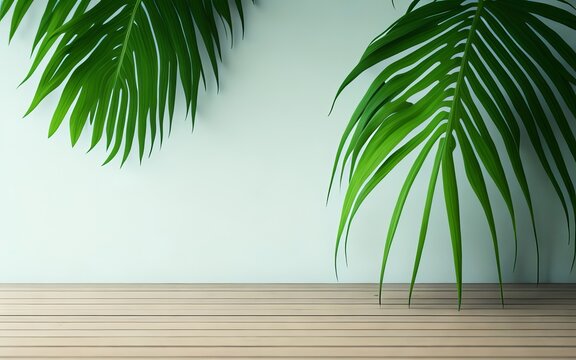 Embrace the Power of Nature with our Tropical Palm Tree Wooden Table Counter 3D Product Display Background. Generative AI.
