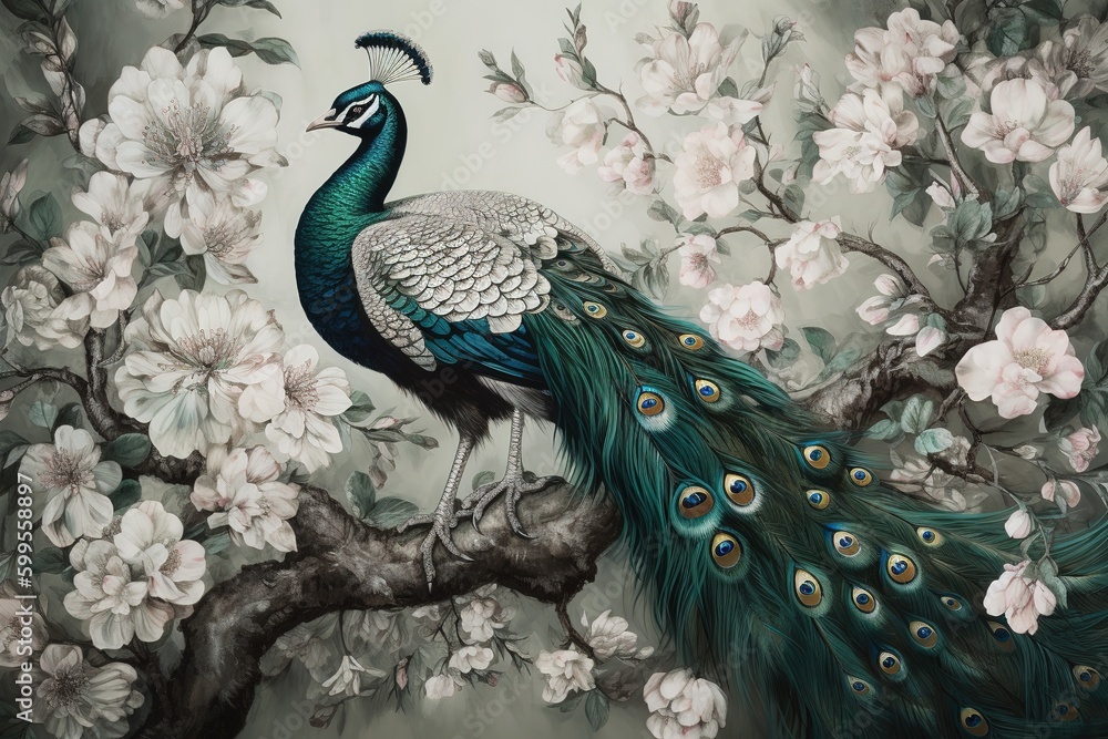 Poster an image depicting a peacock perched on the limb of a tree generative ai