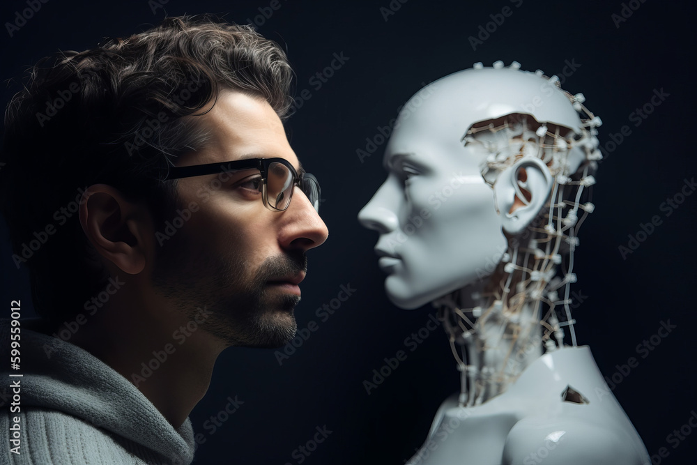 Poster person looking at a robotic artificial intelligence version of themselves. deep fake. generative ai