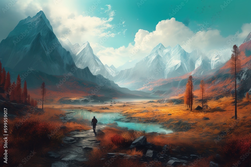 Poster depiction of a guy standing in a mountain valley as an example generative ai