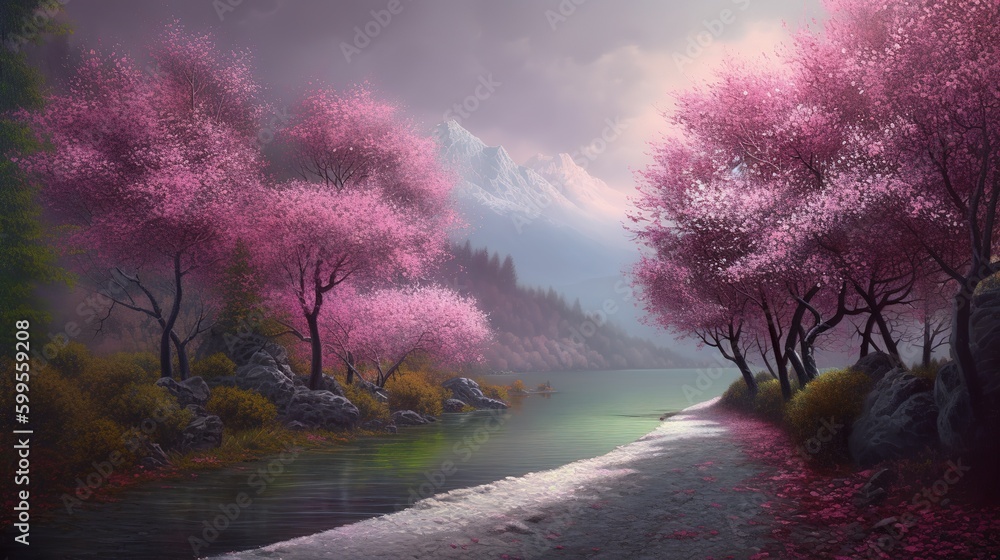 Poster an image depicting a river with pink trees and mountains in the backdrop generative ai