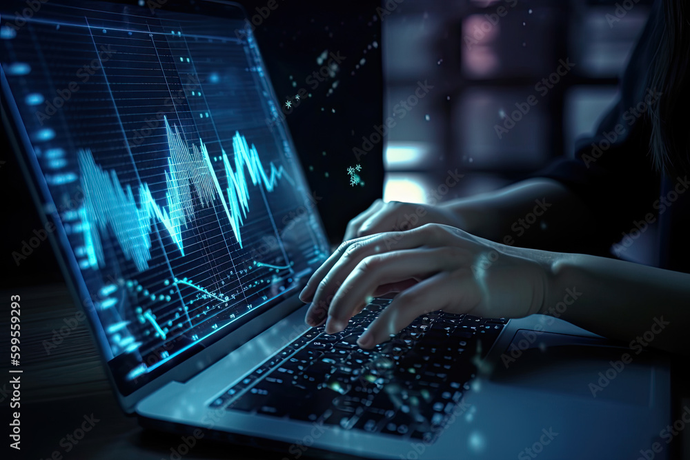 Poster close up of hands of woman with watch using laptop with glowing trading index graph on blue dark bac