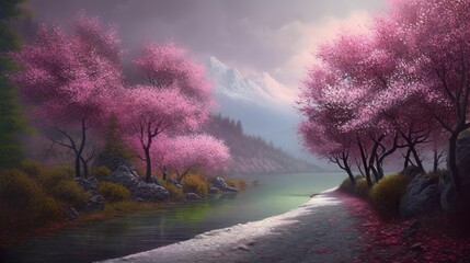 an image depicting a river with pink trees and mountains in the backdrop Generative AI