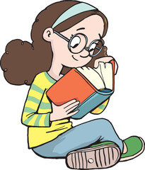 girl is sitting on the floor and reading a book