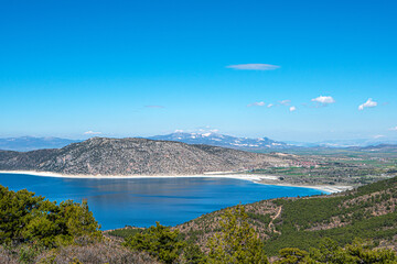 the scenic view of Salda lake from the Tınaz Tepe (2079) m. in Yeşilova, Burdur