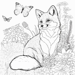 Fox with butterflyvector coloring book black and white for kids and adults isolated line art on white background.