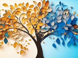 Illustration of a colorful tree with leaves on hanging limbs against a blue, white, and golden backdrop. Generative AI.
