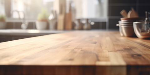 Empty wooden table and modern kitchen background, copy space. Blurred modern kitchen interior. Generative ai illustration