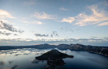Wizard Island Juts Out Into Crater Lake From The Watchman Overlook