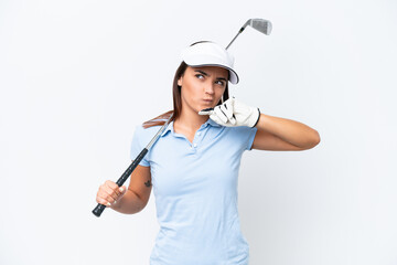 Young caucasian woman playing golf isolated on white background having doubts and thinking