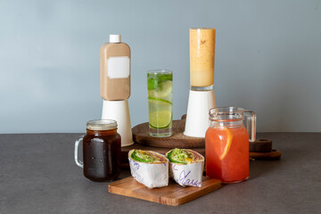 Korean food dish meal Peanut Butter Cafe Latte Sandwich Set salad vegetable grapefruit juice