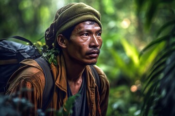 Obraz premium South Asian man exploring the jungle in vivid colors. Generative AI