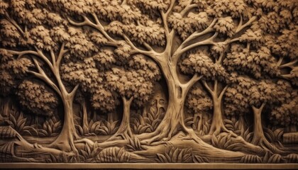 Fototapeta na wymiar Wood carving art, dragon, lion, rabbit, forest wood carving patterns. Generative Ai