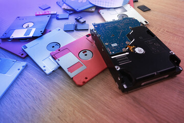 vintage retro electronic data storage, External memory in Computer Organization, devices from 80s,...