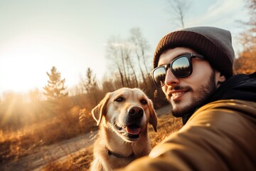 Selfie of young man with his Labrador dog at the park. Generative AI