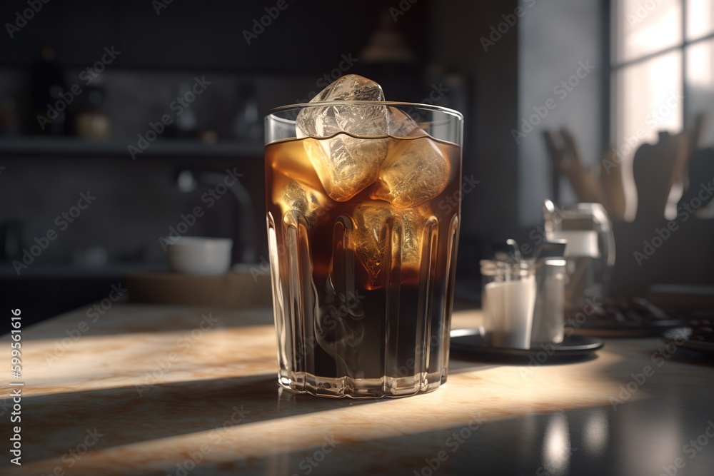 Aufkleber a glass that is half full with ice that is resting on top of a counter generative ai