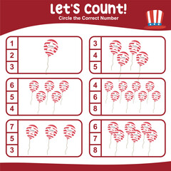 Let's counting together the balloons with American Independence Day theme and circle the correct number. Vector illustrations file. Printable math worksheet for kids in 4th July edition