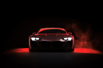Plakat Front view dark silhouette of a modern sport red car isolated on dark background with red neon light and smoke. Created with Generative AI Technology