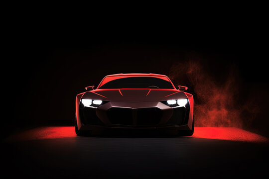 Front view dark silhouette of a modern sport red car isolated on dark background with red neon light and smoke. Created with Generative AI Technology