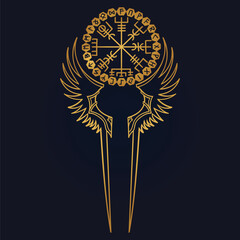 golden Aegishjalmur viking helm of awe runes vector	
 - obrazy, fototapety, plakaty