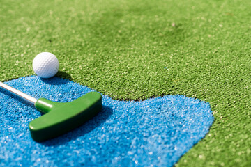 Golf stick and ball on green grass close up.