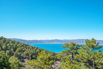 the scenic view of Salda lake from the Tınaz Tepe (2079) m. in Yeşilova, Burdur