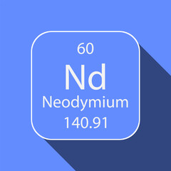 Neodymium symbol with long shadow design. Chemical element of the periodic table. Vector illustration.