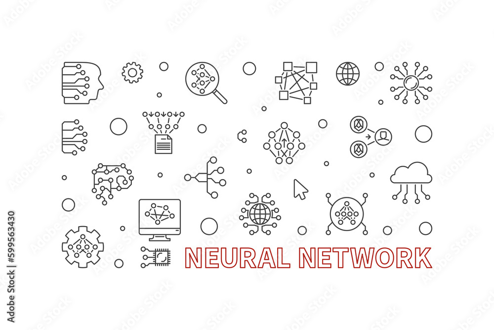 Poster neural network outline horizontal banner. vector artificial intelligence technology illustration