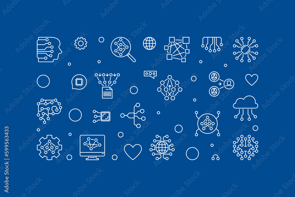 Poster neural network concept outline horizontal banner. vector future technology illustration