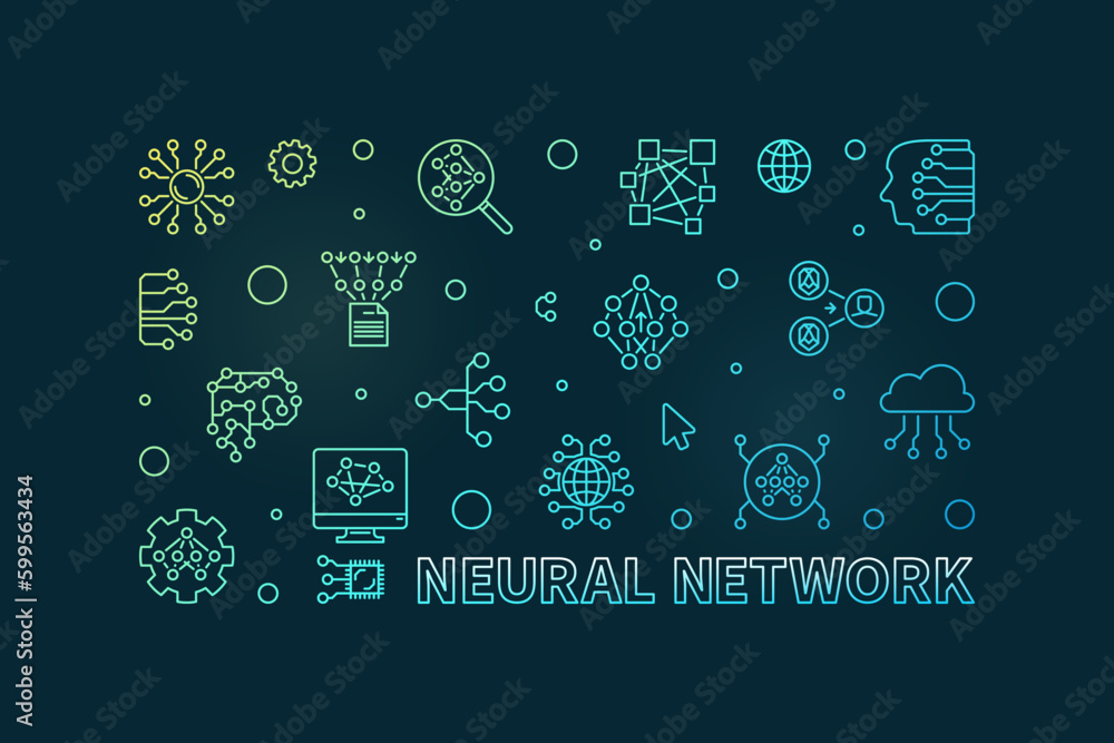 Poster neural network line horizontal colored banner - vector ai technology linear illustration