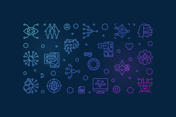 ML or Machine Learning horizontal outline creative banner - vector illustration