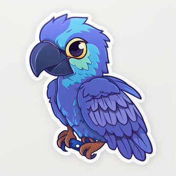 A playful and mischievous chibi Hyacinth Macaw sticker with a white background, exuding a sense of fun and cuteness, blue parrot with a branch, Generative AI