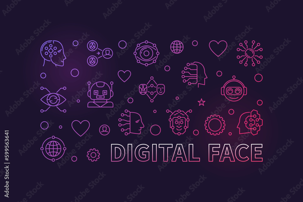 Poster digital face concept line horizontal vector colorful banner - ai bot technology illustration