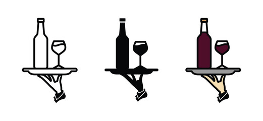 Waiter with tray, beer bottle, and glass icon vector. Waiter restaurant, bar, cafes icon in thin line and flat style with editable stroke. Beer and brewing sign and symbol. Vector illustration