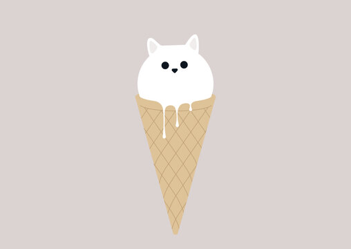 A melting ice cream in a waffle cone shaped as a cat head with ears and eyes, a gelato dessert