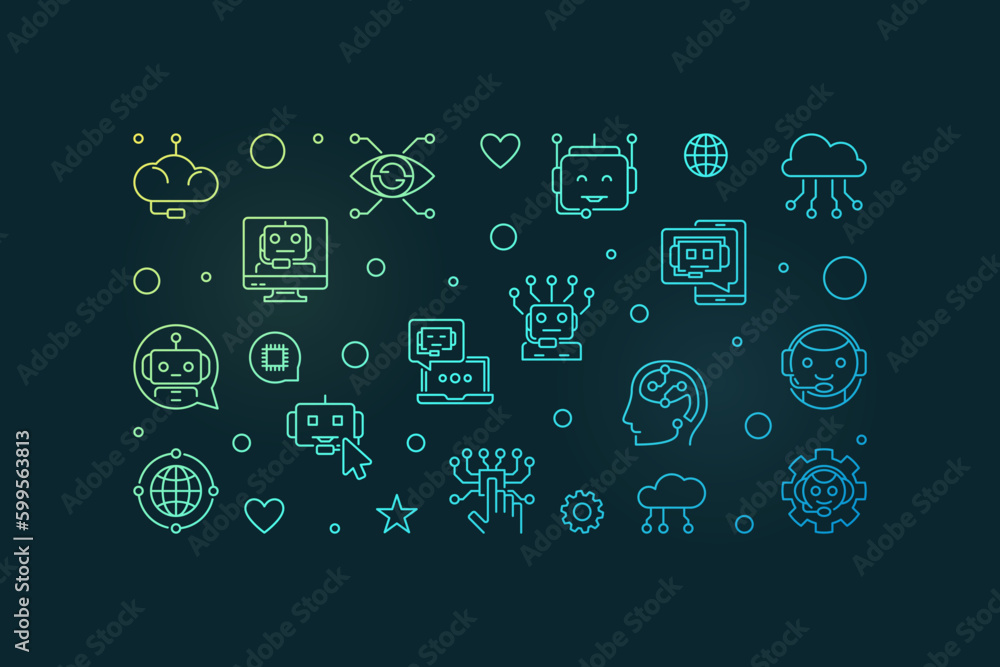 Poster chatbot thin line horizontal vector modern banner. chatterbot software linear colorful illustration