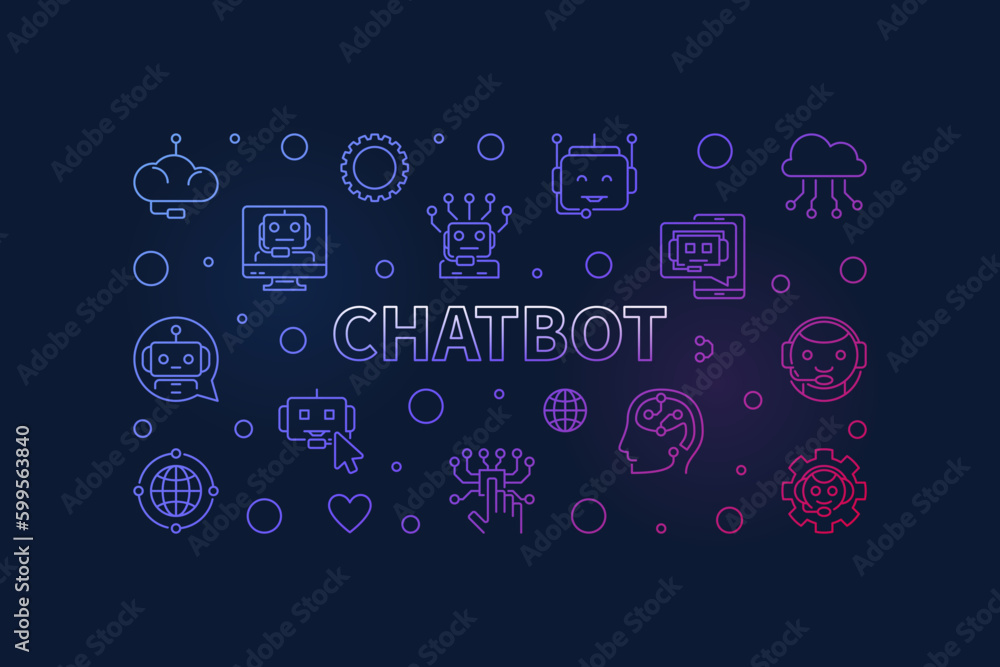 Poster chatbot thin line colorful banner - artificial intelligence chatbot vector horizontal illustration
