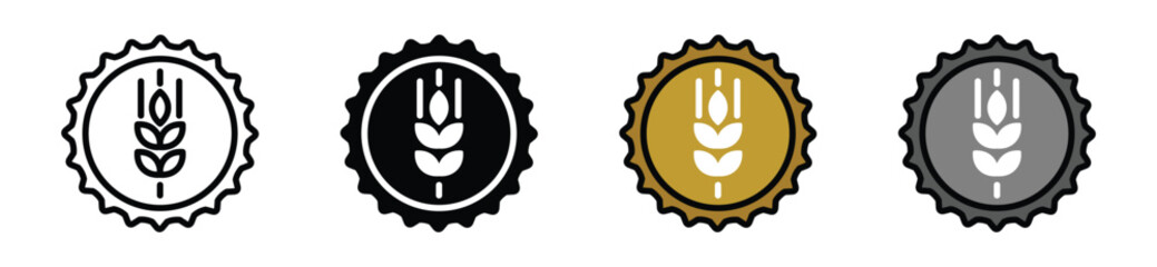 Beer bottle cap with wheat or grain icon vector in thin line, flat, and color style with editable stroke on white background. Vector illustration