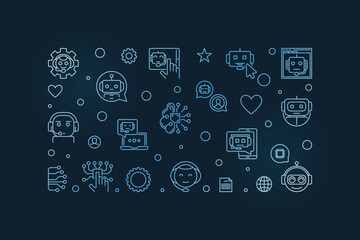 Chatbot Technology outline blue banner - Chatter Bot vector horizontal illustration