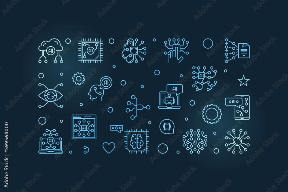 Poster artificial neural networks line blue horizontal banner - vector information processing illustration