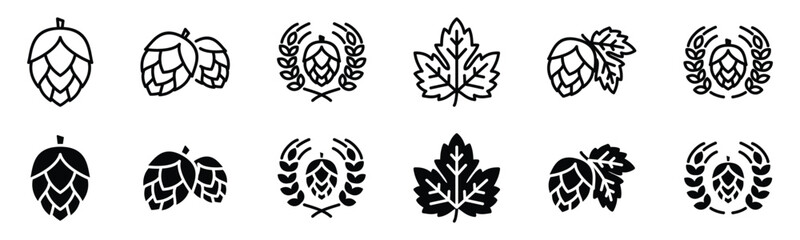 Hop icon vector set. Hops icon with wheat wreath and leaf in thin line and flat style with editable stroke on white background. Beer and brewing sign and symbol. Vector illustration - obrazy, fototapety, plakaty