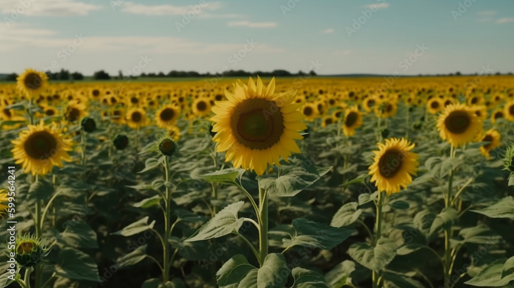 Sticker a sunflower field with a blue sky and fluffy clouds generative ai