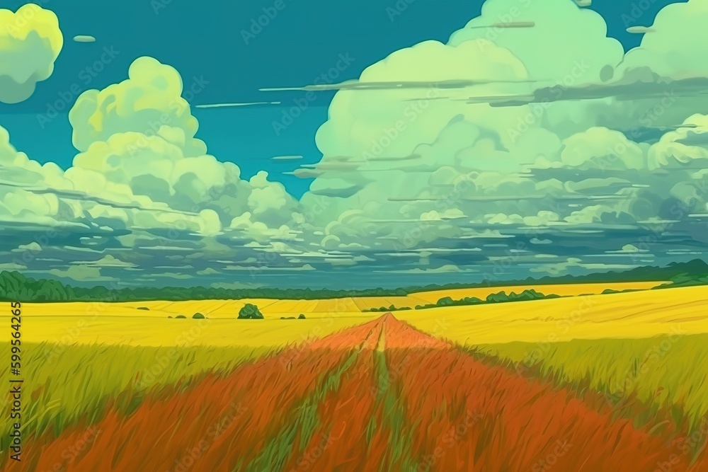 Poster a picture of a wheat field with clouds in the sky as an example generative ai