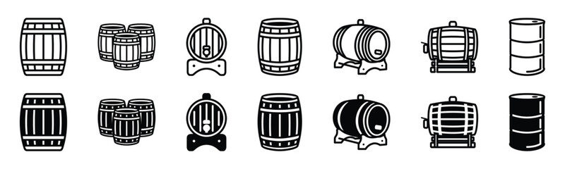 Barrel icon vector set. Wooden keg or Oil drum container icons in thin line and flat style with editable stroke on white background. Beer and brewing sign and symbol. Vector illustration