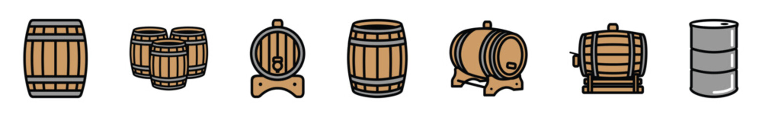 Barrel icon vector set. Wooden keg or Oil drum container icons in color style with editable stroke on white background. Beer and brewing sign and symbol. Vector illustration