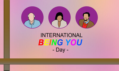 3 purple circles with pictures of various people in them, with a light pink background and a brown frame on the left and bold text. commemorate INTERNATIONAL BEING YOU DAY MAY 22